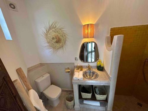 a bathroom with a toilet and a sink and a mirror at Riad ABADA Medina Marrakech (Sidi Mimoun) in Marrakesh