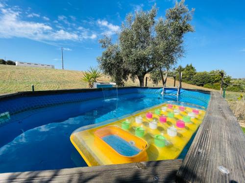 The Gold Pod, relax and enjoy on a Glamping house في Corredoura: مسبح فيه لعبة قابلة للنفخ