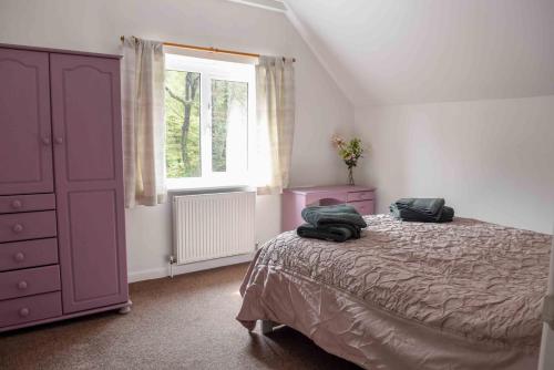 普里茅斯的住宿－Bench Tor Apartment，一间卧室配有一张床、一个梳妆台和一扇窗户。