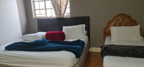 a bedroom with two twin beds with blue and red sheets at SALAMA LODGE in Cape Town