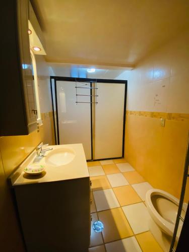 a bathroom with a sink and a toilet at Casa Garcia-5 habitaciones, Auditorio GNP Estadios CC Parque Puebla in San Felipe Hueyotlipan