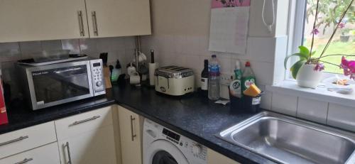 a kitchen counter with a microwave and a sink at Yvonnehut in Luton