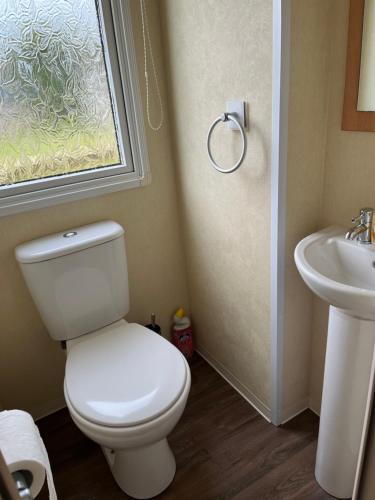 uma casa de banho com um WC e um lavatório em Garej Mynytho Caravan em Pwllheli