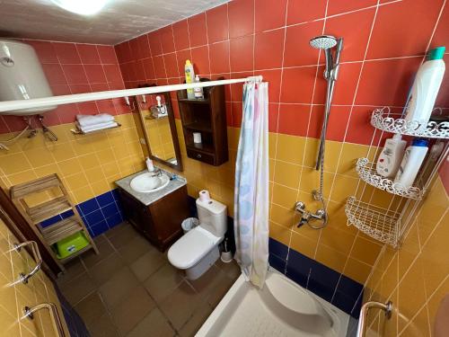 een kleine badkamer met een toilet en een wastafel bij apartamento acogedor con piscina y chimenea in Nuevo Baztán