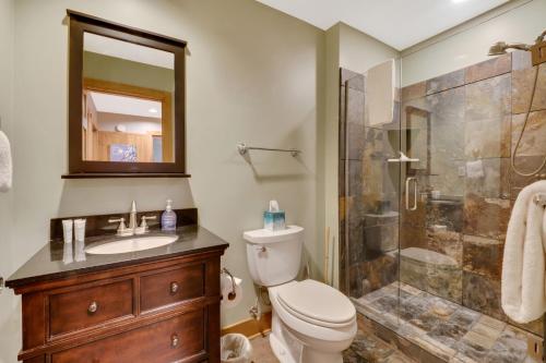 a bathroom with a toilet and a shower and a sink at 780 Combined Upper and Lower Disciples Village Condo in Boyne Falls