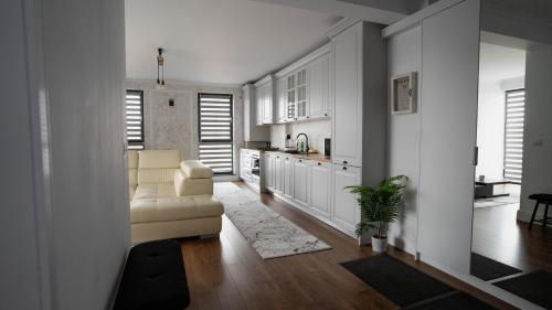 a living room with a couch and a kitchen at DownTown Apartments in Rădăuţi