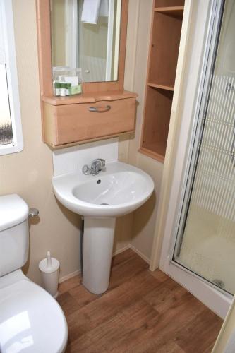 a bathroom with a sink and a shower and a toilet at Albany Bronze - pet friendly LC10 in Minehead