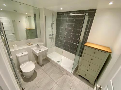 y baño con aseo, ducha y lavamanos. en Cosy 1 bed “pied-a-terre”, en Northampton