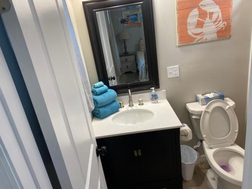 a bathroom with a sink and a toilet and a mirror at ON Deck few Blocks Fr BEACH 6 BR/4Ba Newly Reno in Myrtle Beach