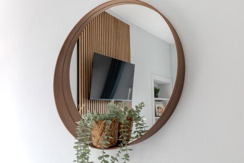 ein Spiegel an einer Wand mit zwei Pflanzen davor in der Unterkunft Beautiful Ground Floor Apartment in Perth