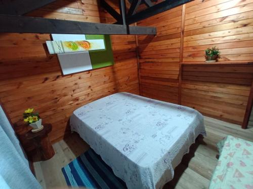 een kamer met een bank in een kamer met houten wanden bij Sítio Monte Sião in Major