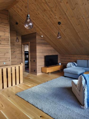 a living room with a blue couch and a tv at Idre Mountain Lodge in Idre