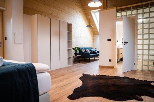 a living room with a couch and a rug on the floor at Galerie mlýn Žeraviny in Žeraviny