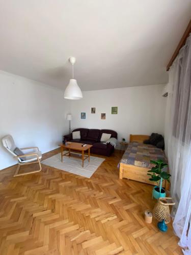 sala de estar con sofá y suelo de madera en Entire Apartment in the City, en Dunaújváros