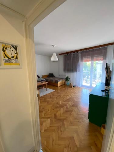 Entire Apartment in the City في دوناوجفاروس: غرفة معيشة مع أرضية خشبية وأريكة