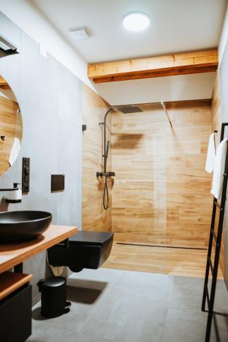 a bathroom with a sink and a shower at Galerie mlýn Žeraviny in Žeraviny