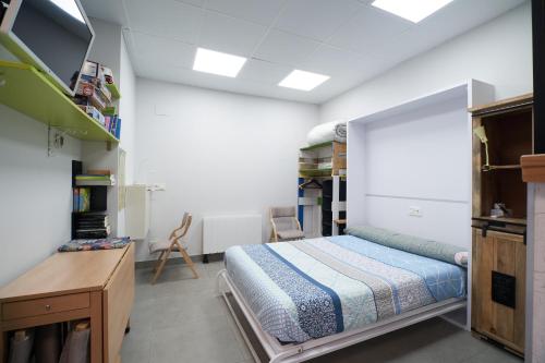 1 dormitorio con cama y escritorio en Aldabea II apartamento sostenible, en Legazpia