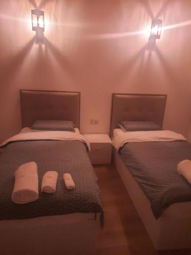 two beds in a room with lights on the wall at Bujtina Lugina e vjosës in Përmet