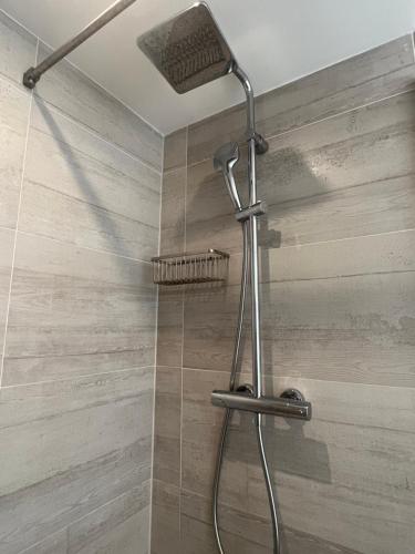 a shower with a shower head in a bathroom at Klosterberghaus - Kontaktloser Check-in in Elchingen