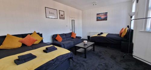 Sapphire Apartments في كارديف: غرفة معيشة بها سريرين وأريكة