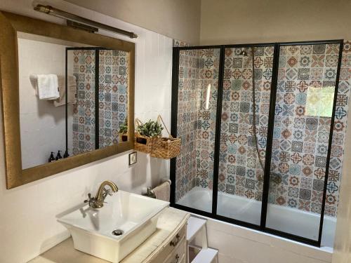 a bathroom with a sink and a shower at Habitación suite en Masía Can Robira in Els Hostalets