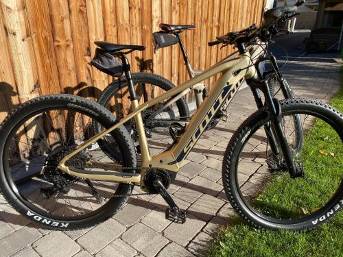 a bike parked in the grass next to a fence at Chalet Ida in Haiming