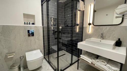 a bathroom with a toilet and a sink and a shower at Mona Bosphorus in Istanbul