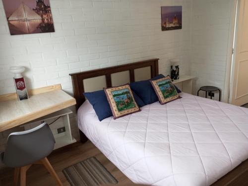 Schlafzimmer mit einem Bett mit blauen Kissen und einem Schreibtisch in der Unterkunft Hostal Rucatremo in Curicó