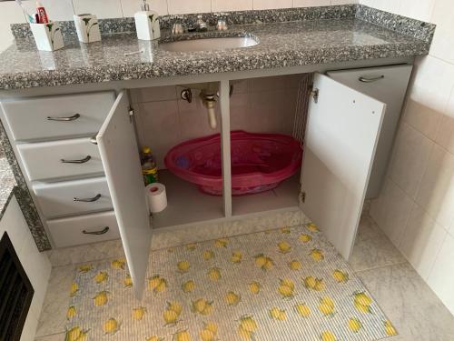 un baño con un bol bajo un lavabo en Excelente propriedade com belo jardim!, en Presidente Prudente