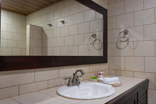 uma casa de banho com um lavatório e um espelho em Tropical Bliss Pool Wi-Fi BBQ Near Quepos Manuel Antonio em Quepos