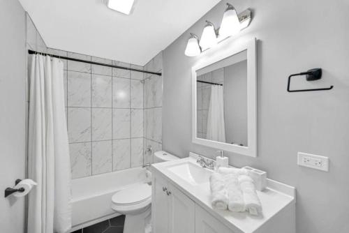 W łazience znajduje się umywalka, toaleta i lustro. w obiekcie Spacious Haven 8-Min to Chicago Sleeps 10 w mieście Forest Park