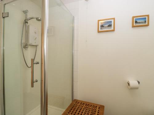 a bathroom with a shower with a glass door at Brindle Cottage in Lydiard Millicent