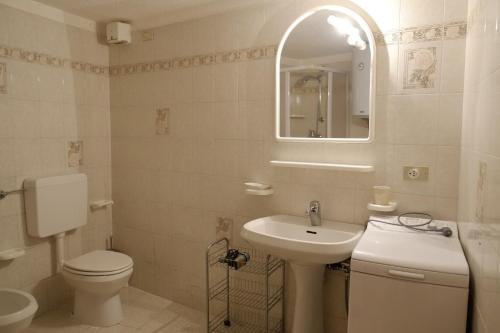 ein Badezimmer mit einem Waschbecken, einem WC und einem Spiegel in der Unterkunft Villaggio Gerbore in Saint Nicolas