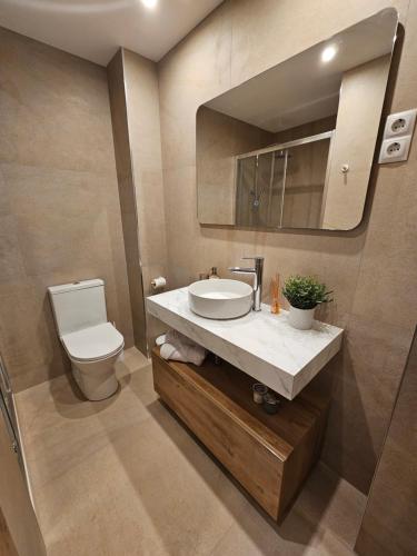 a bathroom with a sink and a toilet and a mirror at Apartamento Bilbao in Bilbao