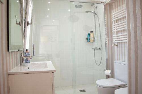 a bathroom with a shower and a sink and a toilet at BURGO NUEVO Ático de lujo en pleno centro con terraza y vistas - leonapartamentos in León