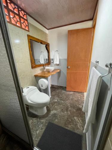 蒙特內格羅的住宿－Casa campestre Montenegro Quindio，一间带卫生间、水槽和镜子的浴室