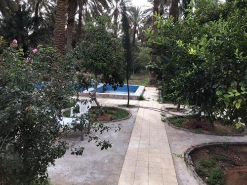 um jardim com um caminho e árvores e uma piscina em نزل ريفي ( شاليه زراعي ) 