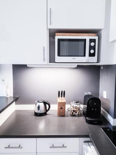 une cuisine avec un micro-ondes et un plan de travail dans l'établissement Duplex lumineux avec bureau séparé dans le centre, à Bordeaux