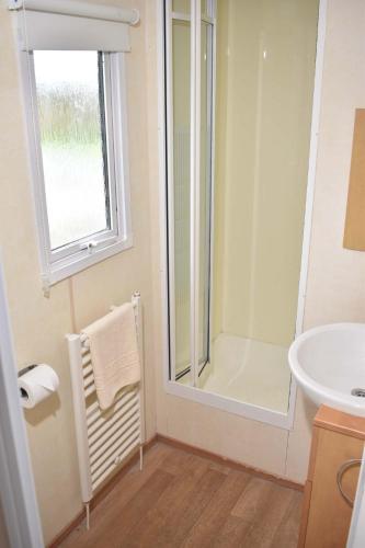 a bathroom with a shower and a sink and a window at Brisbane Bronze - pet friendly SS21 in Minehead