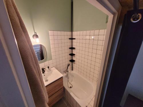 La salle de bains est pourvue d'une baignoire, d'un lavabo et d'un miroir. dans l'établissement Studio Mezzanine Centre-ville, à Poitiers