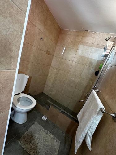 a bathroom with a toilet and a shower with a towel at San Miguel departamentos in Trelew