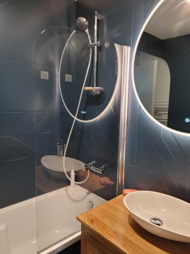 a bathroom with a shower and a sink and a mirror at Maison rénové proche Paris 15. in Malakoff