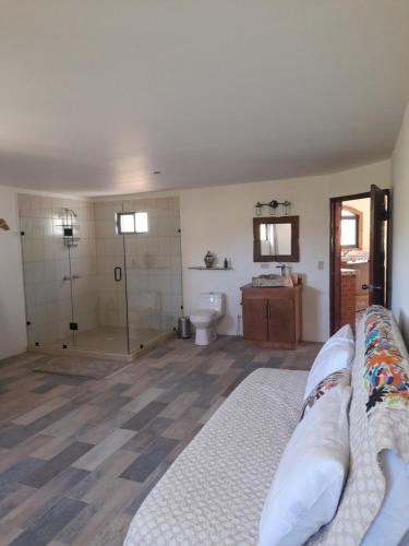 La salle de bains est pourvue d'un lit, d'une douche et de toilettes. dans l'établissement Rancho Espinoza La Casita, à San Ignacio