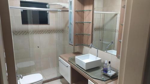 a bathroom with a sink and a toilet and a mirror at Casa no centro de Petrópolis in Petrópolis