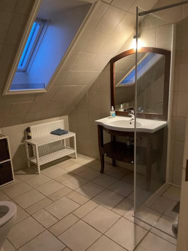 Stort familie hus (156 m2) tæt på natur og storby في هيرليف: حمام مع حوض و منور