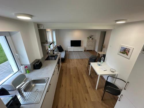 a kitchen and living room with a sink and a table at Modernes Apartment mit eigener Terrasse & Garten in Aalen