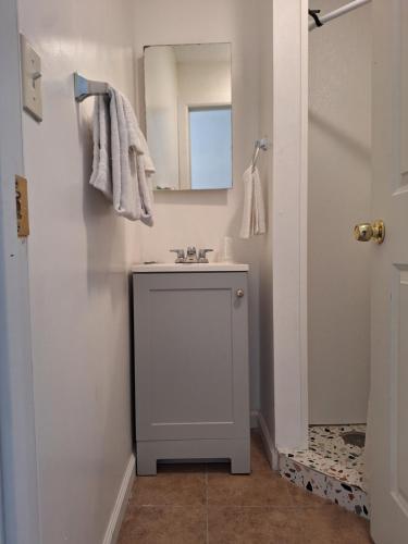 La salle de bains est pourvue d'un lavabo et d'un miroir. dans l'établissement Garden motel, à Redwood City