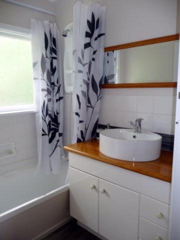 a white bathroom with a sink and a bath tub at 28 Scarborough Tce in Hanmer Springs