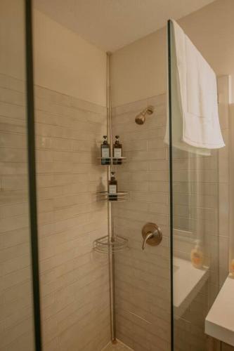 a shower with a glass door in a bathroom at Casa Urbana-Close to Downtown-Hot Tub-Pet Friendly-No Pet Fees! in Albuquerque