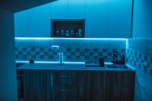 eine Küche mit einem Waschbecken und einem blauen Licht in der Unterkunft Sunny Paradise in Vrnjačka Banja
